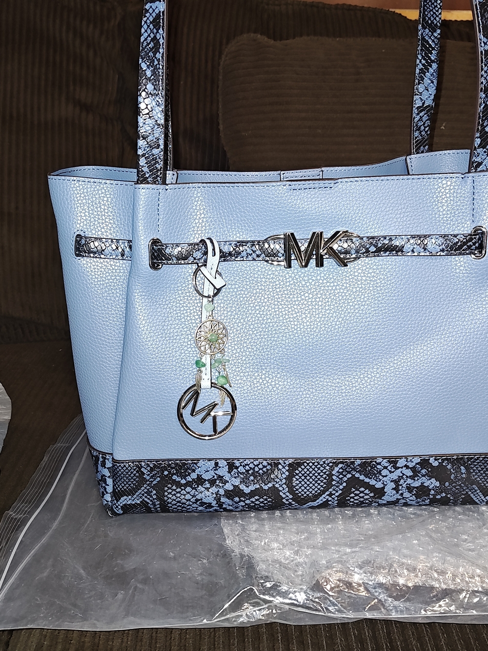 Michael Kors Light Blue Pebbled Leather Tote with Snake-Print Trim